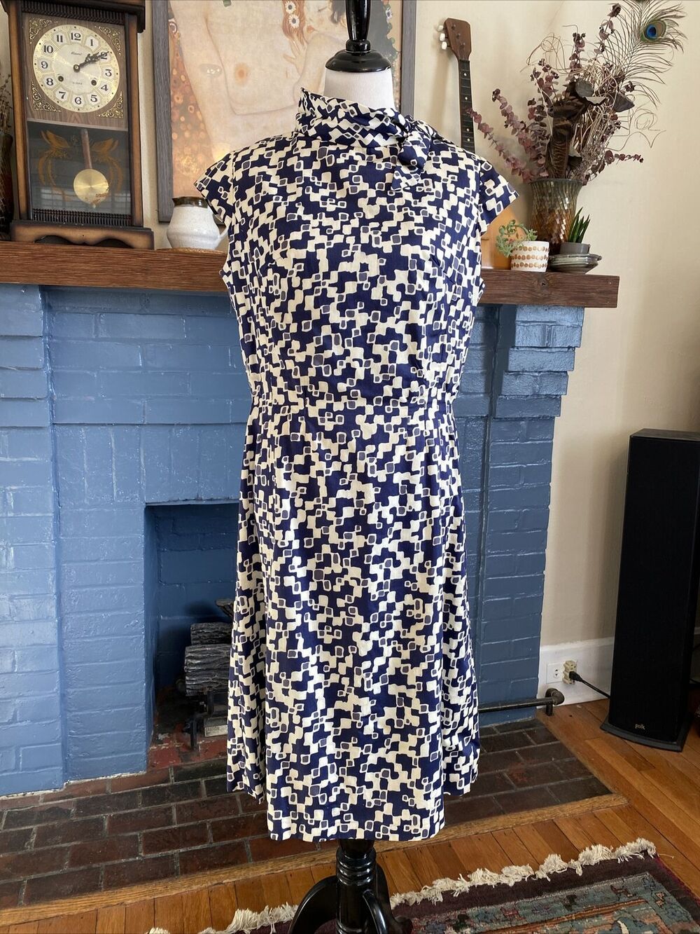 VINTAGE 50s 60s Pencil Dress‎ Handmade MCM Navy White Retro Hand Sewn M L